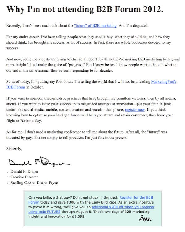 Don Draper Isn't Attending MarketingProfs B2B Forum Letter
